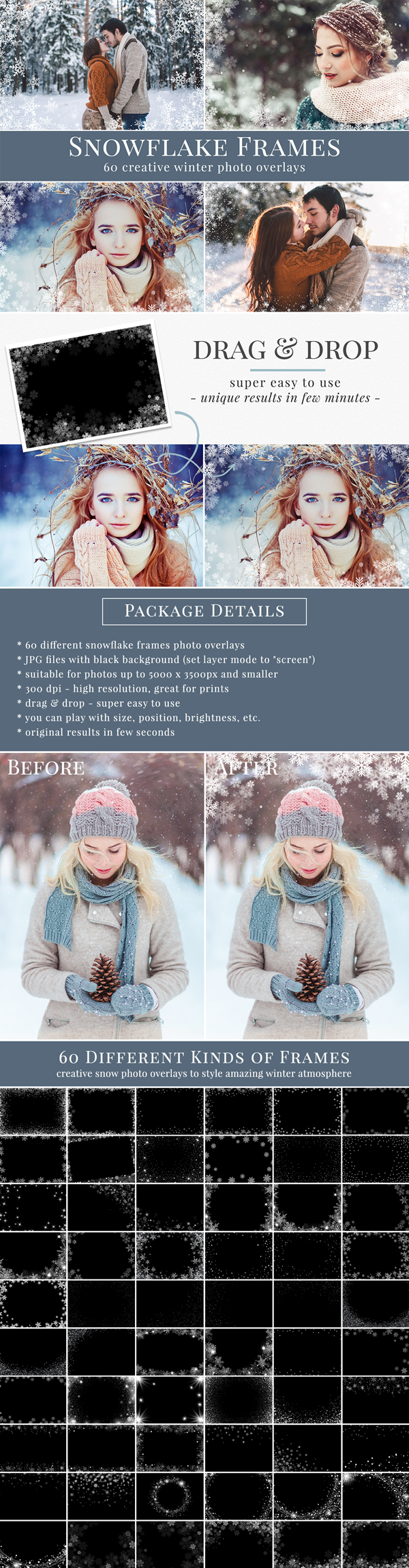 60 Snowflake Photo Frames Overlays Pack