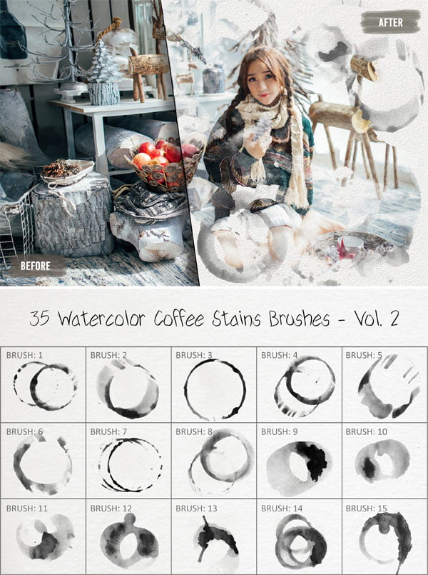 35 Watercolor Coffee Stains Brushes Vol. 2 Watercolor Coffee Stains Brushes