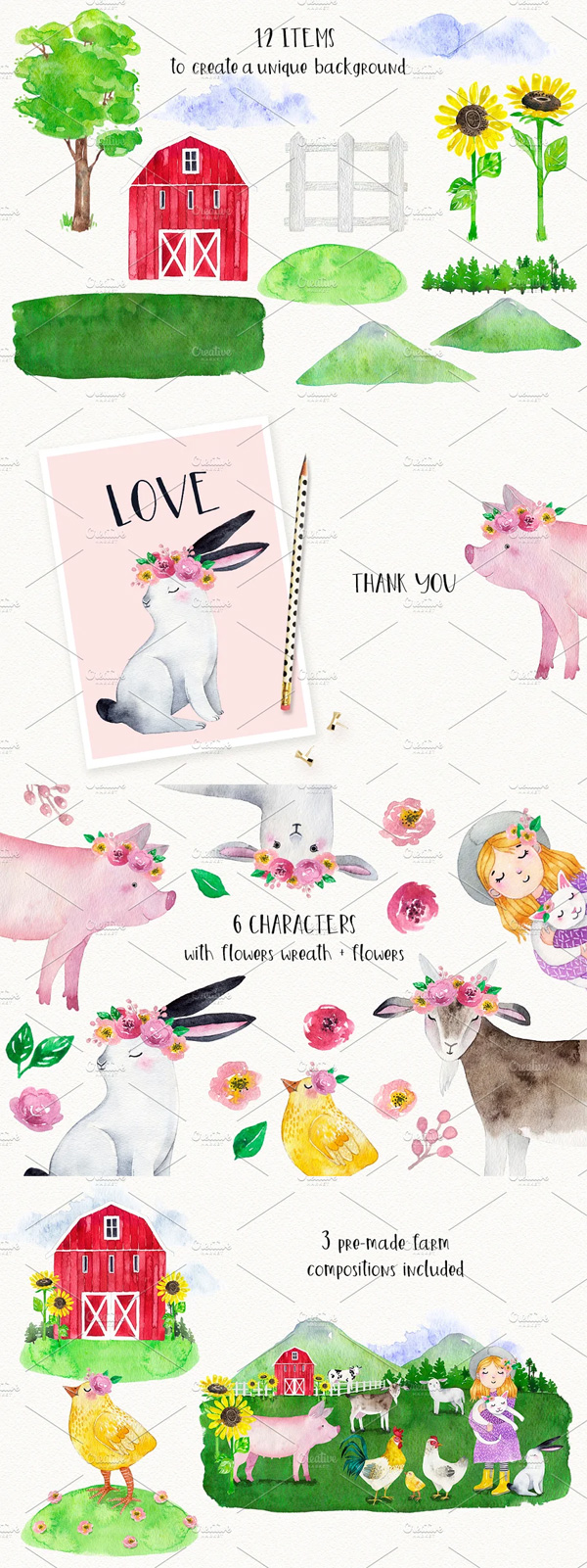 Farm Animals Watercolor Set Part 1