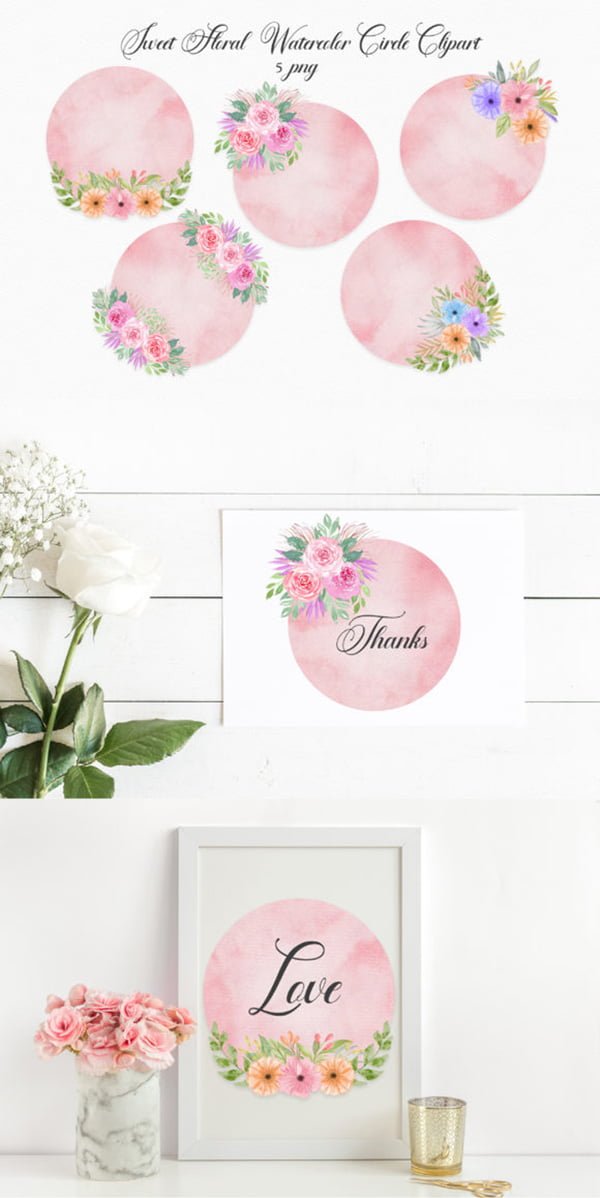 Sweet Floral Watercolor Circle Clipart