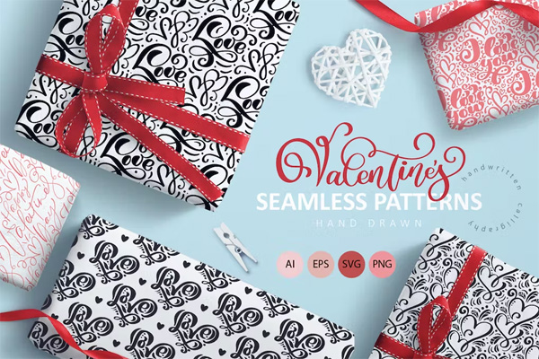 Valentines Hand Drawn Seamless Patterns