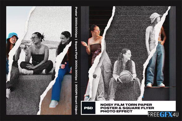 Noisy Film Photo Effect on Torn Paper Noisy Film Photo on Torn Paper