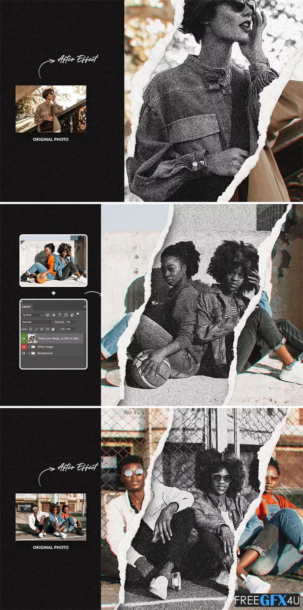 Noisy Film Photo Effect on Torn Paper Noisy Film Photo on Torn Paper